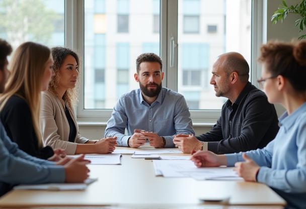 Small group discussing communication strategies in a training session