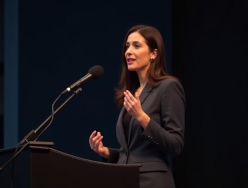 Confident woman speaking publicly at a podium